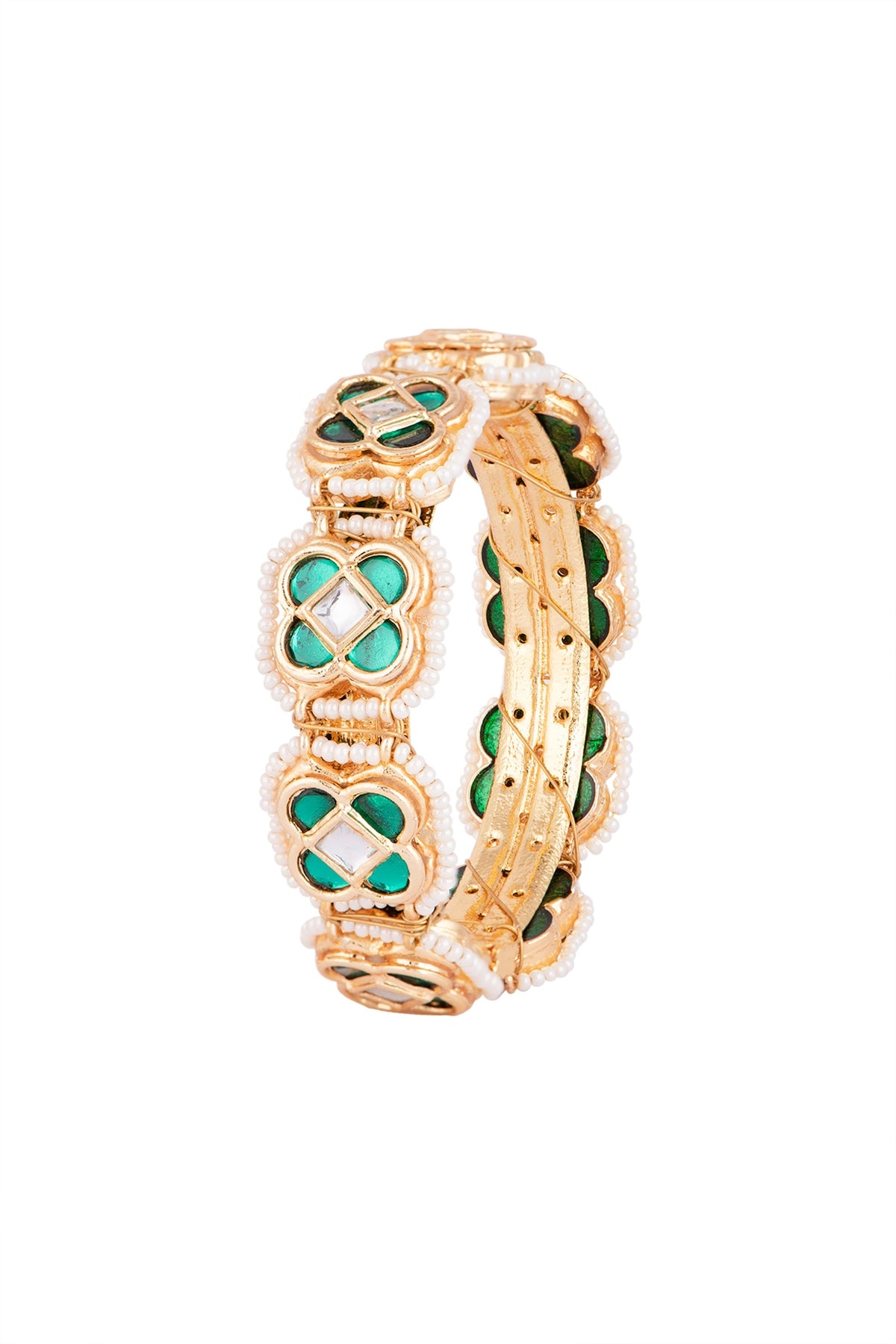 Gold Finish Semi-Precious White & Green Jadtar Bangle