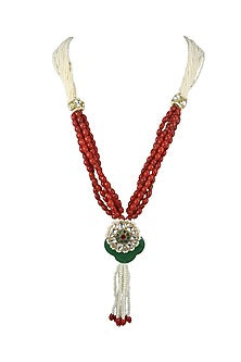 Gold Finish Coral Beaded & Emerald Stone Long Necklace