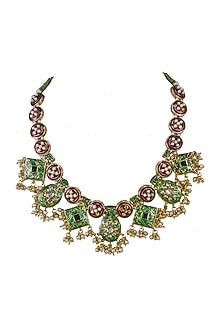 Gold Finish Red & Green Jadtar Necklace