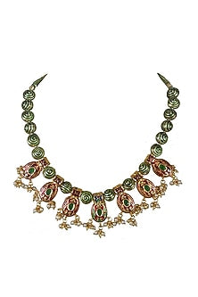 Gold Finish Green & Red Jadtar Necklace