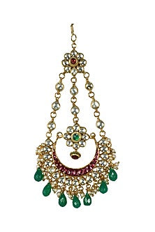 Gold Finish Red Meenakari Green Drop Maangtikka