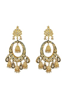 Gold Finish Black Meenakari Kundan Polki Chandbali Earrings