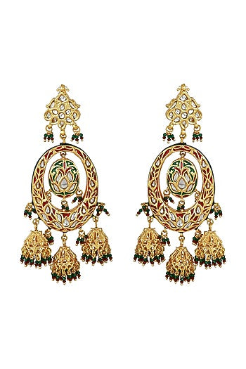 Gold Finish Red Meenakari Kundan Polki Chandbali Earrings