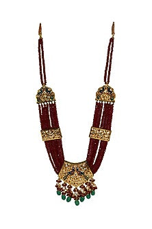 Gold Finish Beaded Peacock Meenakari Long Necklace