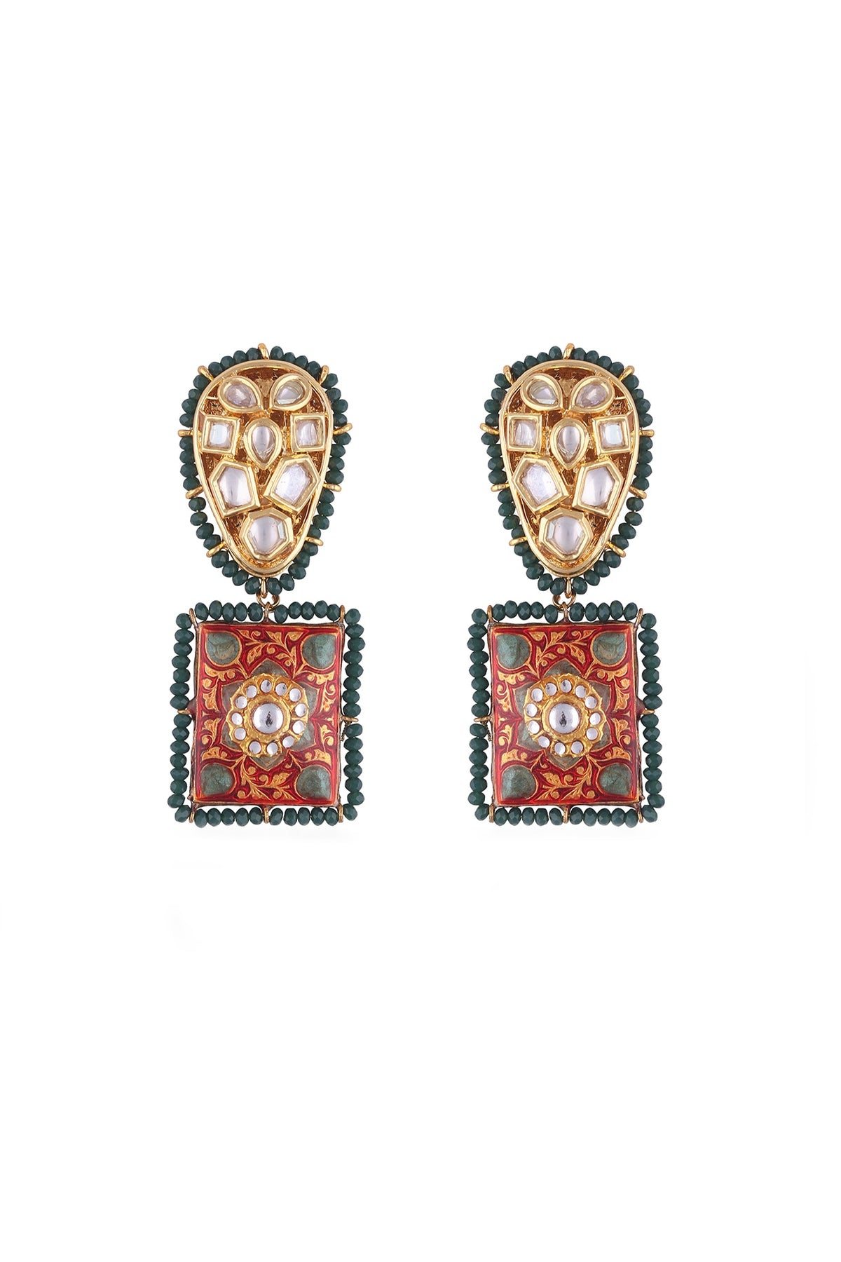 Gold Finish Kundan Polki Meenakari Dangler Earrings