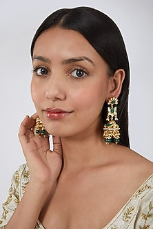 Gold Finish Green Stone Jhumka Earrings