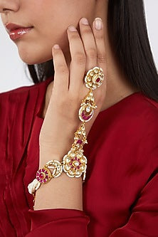 Gold Finish Pink Jadtar Stone Hathphool