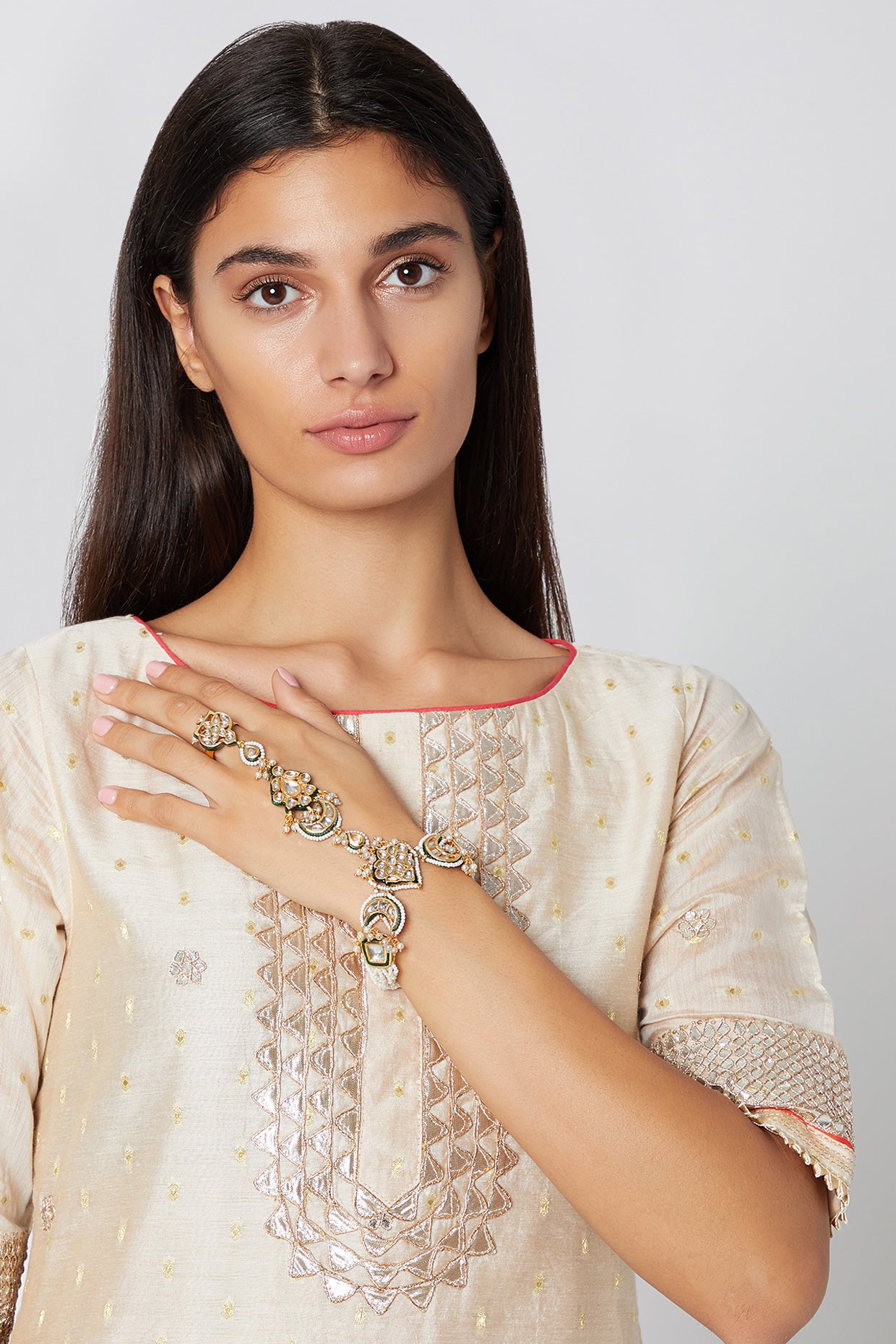 Gold Finish Polki Hathphool