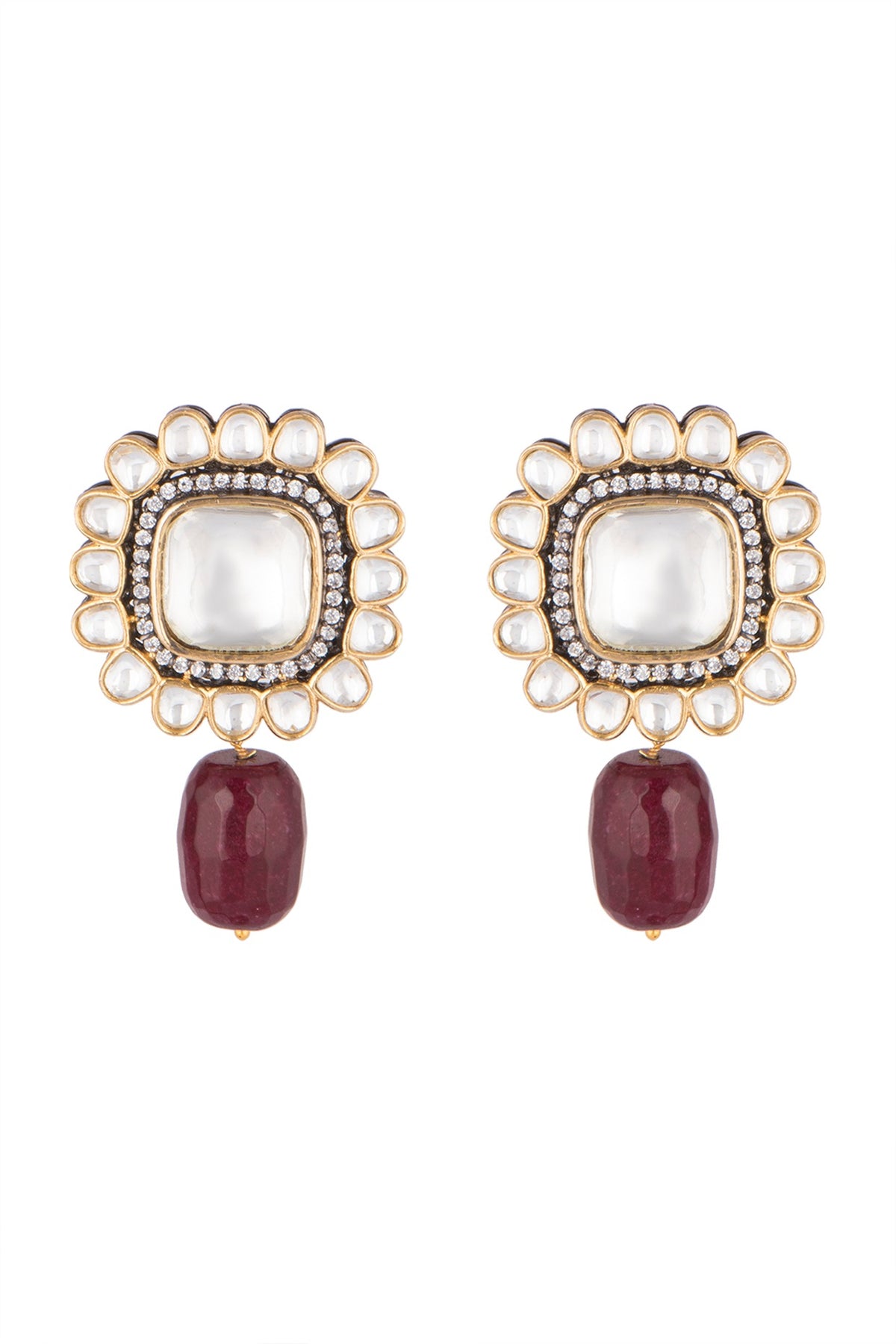 Gold Finish Maroon Drop Stud Earrings