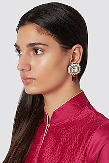 Gold Finish Maroon Drop Stud Earrings