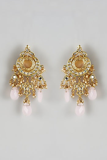 Gold Finish Rose Quartz Stone & Kundan Polki Dangler Earrings