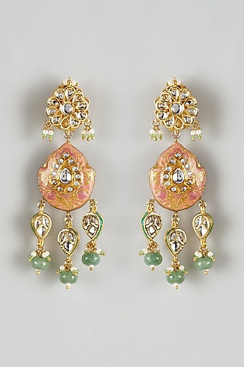 Gold Finish Kundan Polki Meenakari Dangler Earrings