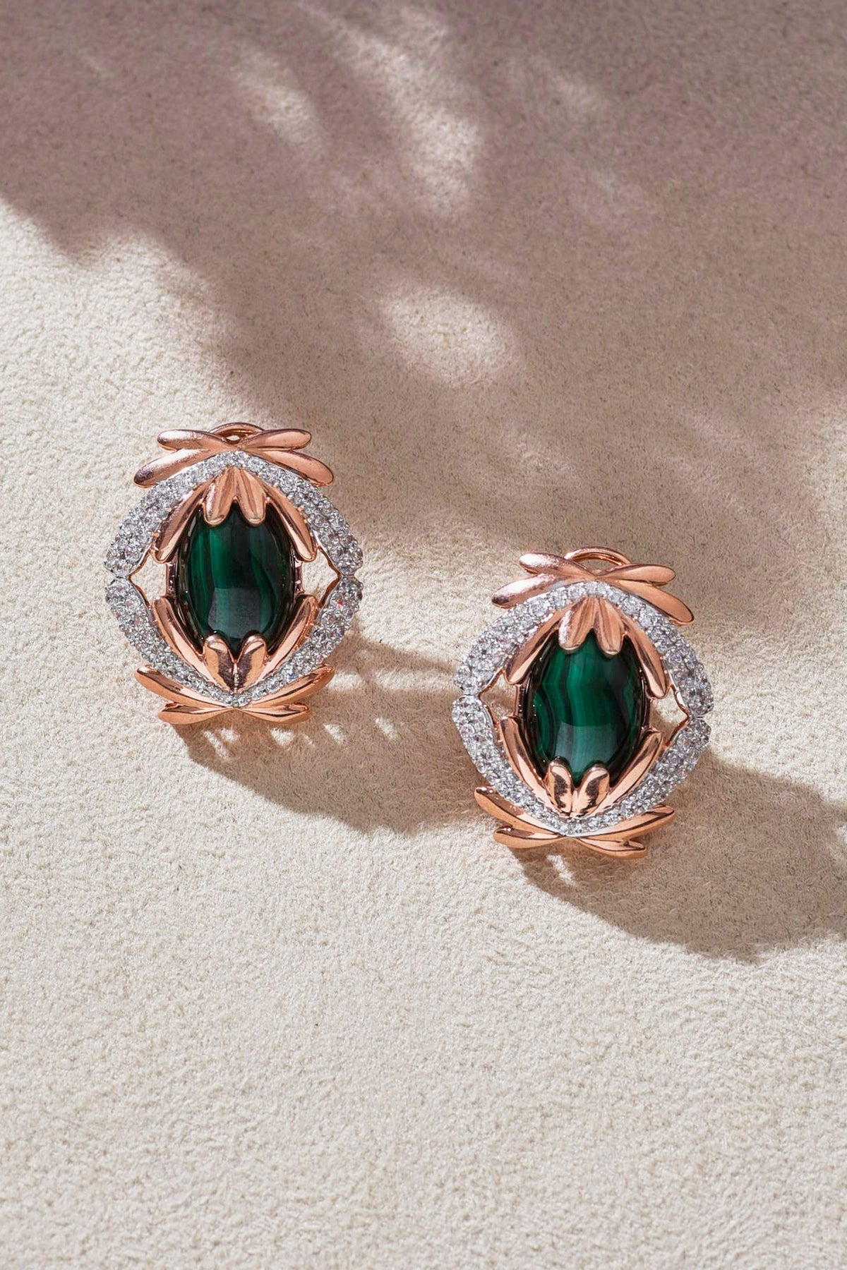 Rose Gold Finish Malachite & Zirconia Stud Earrings In Sterling Silver