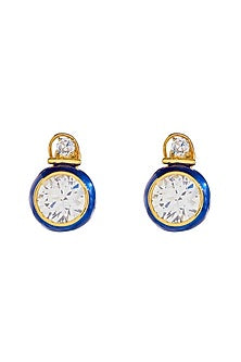 Gold Finish Zircon Dark Blue Enameled Stud Earrings In Sterling Silver