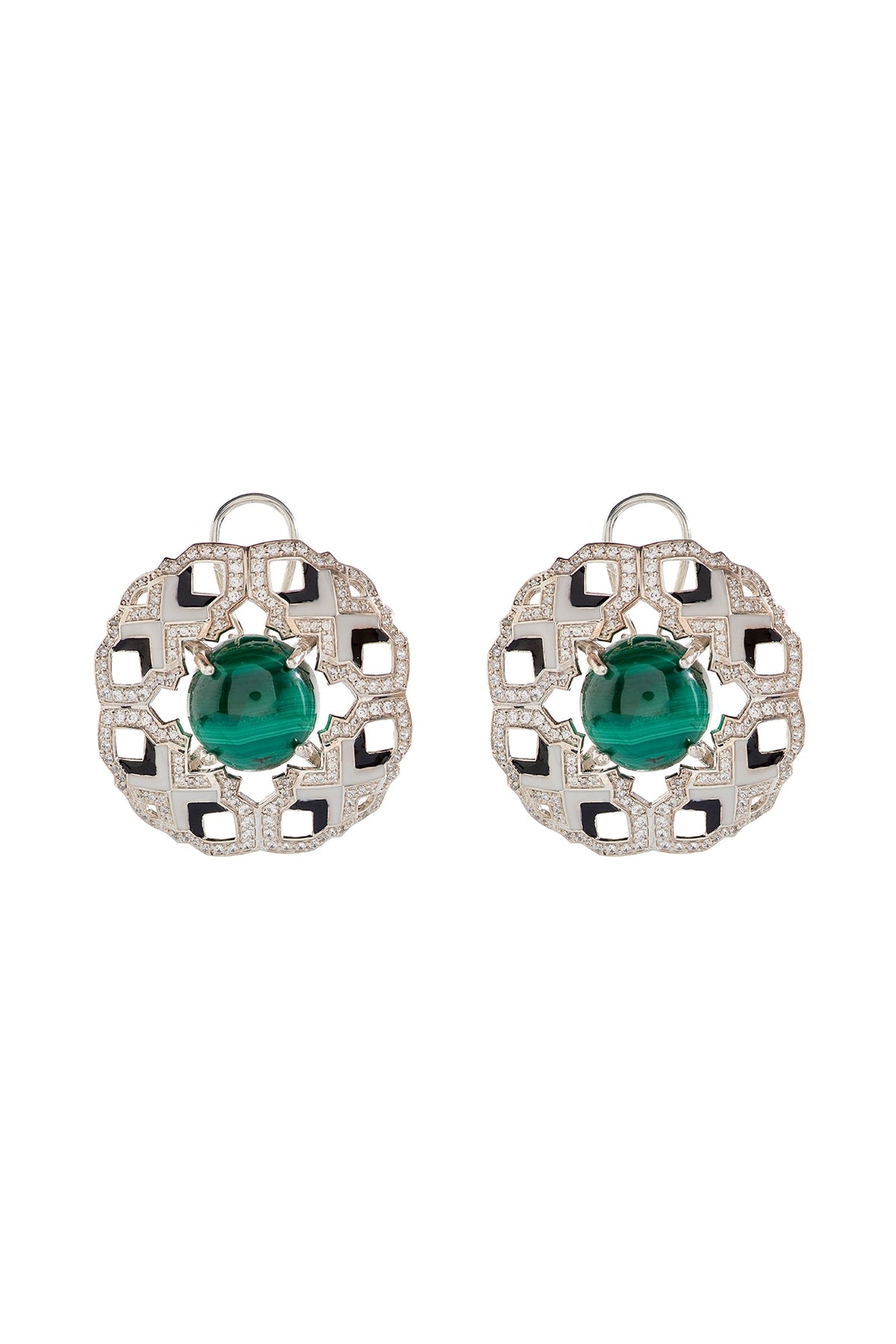 White Finish Malachite Stone & CZ Diamond Stud Earrings In Sterling Silver