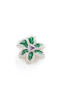 White Rhodium Finish Amethyst Gemstone Green Enameled Brooch In Sterling Silver
