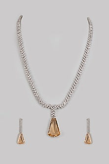 White Finish Zircon & Champagne Synthetic Stone Long Necklace Set