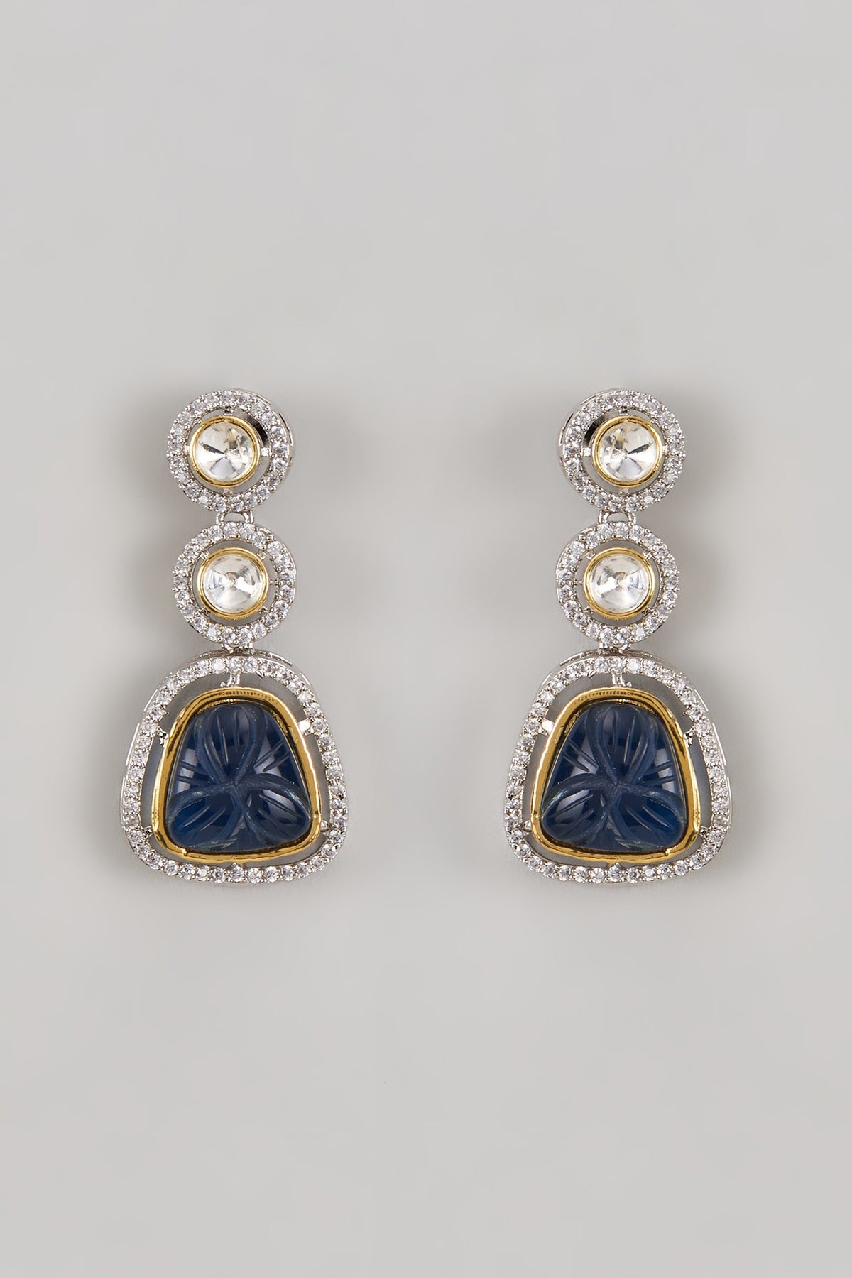 Two Tone Finish Kundan Polki & Blue Carved Stone Dangler Earrings