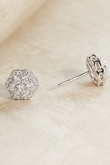 White Finish Zircon Floral Stud Earrings In Sterling Silver