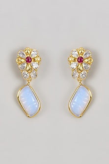 Gold Finish Kundan Polki & Carved Blue Stone Dangler Earrings