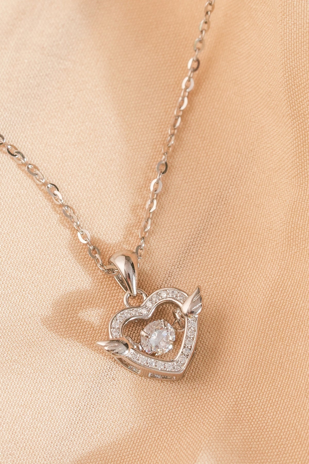 White Finish Zircon Heart Wings Pendant Necklace In Sterling Silver