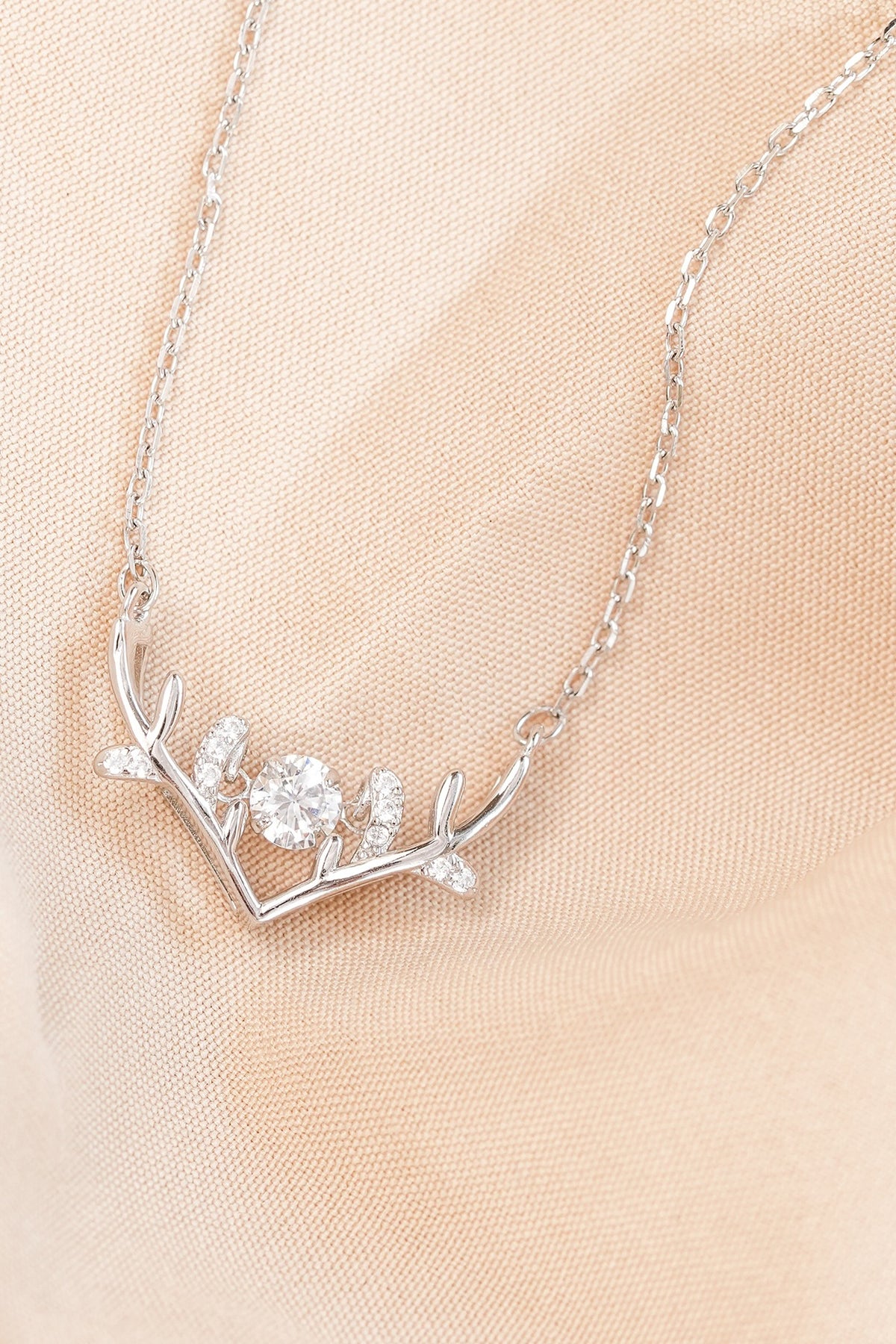 White Finish Zircon Deer Necklace In Sterling Silver
