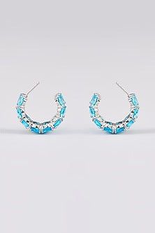 White Finish Aqua Synthetic Stone Hoop Earrings
