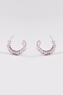 White Finish Pink Synthetic Stone Hoop Earrings