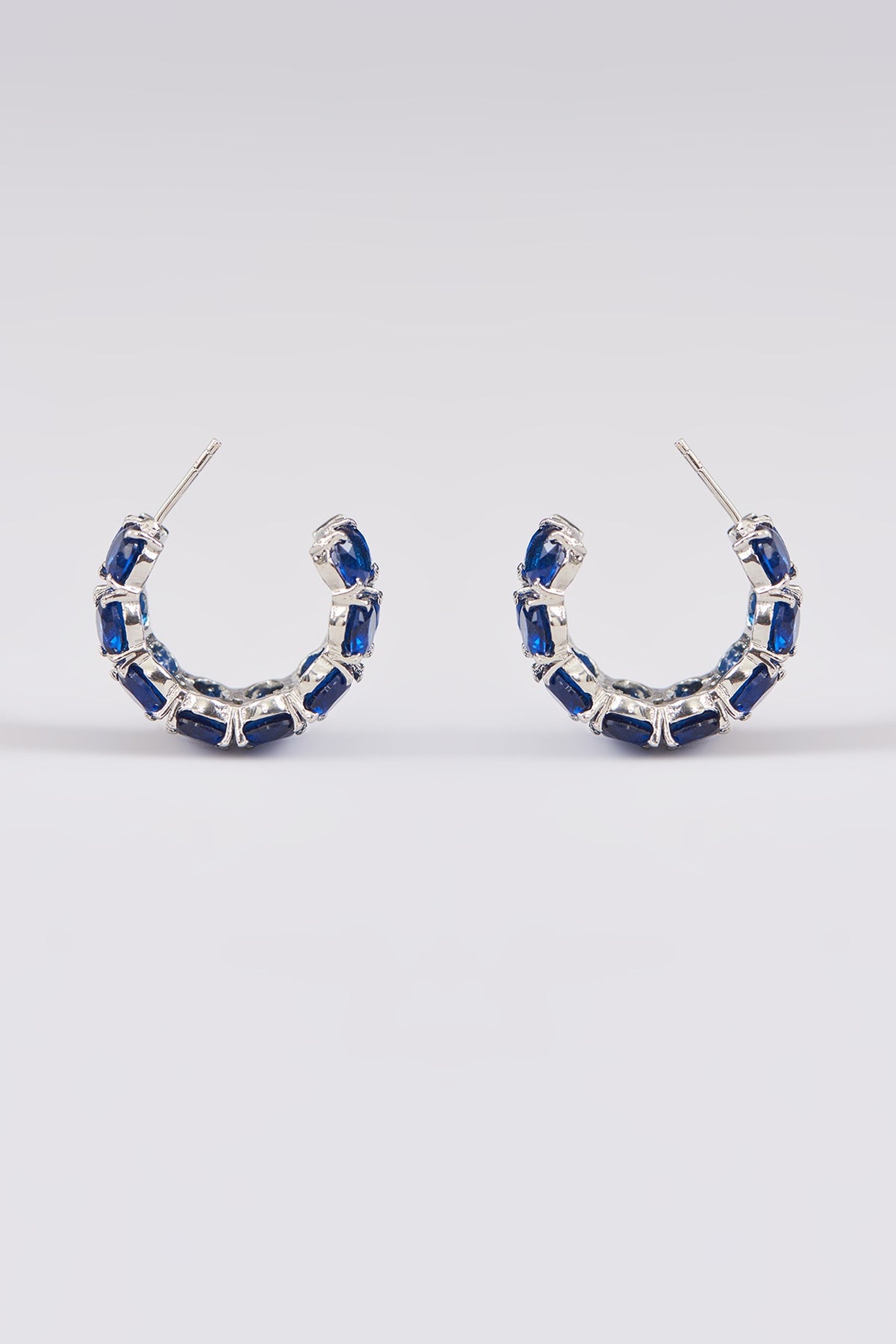 White Finish Blue Synthetic Stone Hoop Earrings