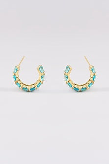 Gold Finish Aqua Synthetic Stone Hoop Earrings