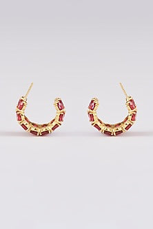 Gold Finish Ruby Synthetic Stone Hoop Earrings