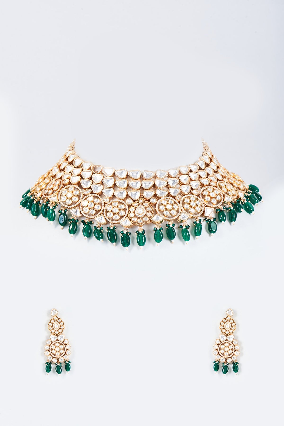 Gold Finish Kundan Polki & Green Stone Choker Necklace Set