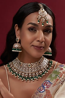Gold Finish Kundan Polki & Green Beaded Choker Necklace Set