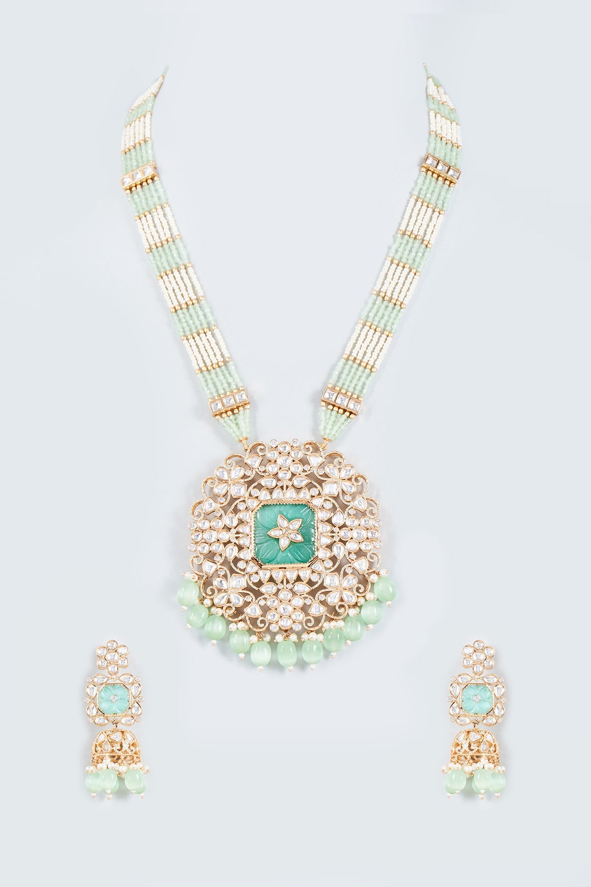 Gold Finish Kundan Polki & Mint Beaded Long Necklace Set
