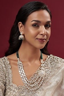 Gold Finish Kundan Polki & Green Beaded Long Necklace Set