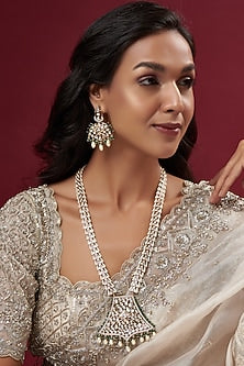 Gold Finish Kundan Polki & Emerald Long Necklace Set
