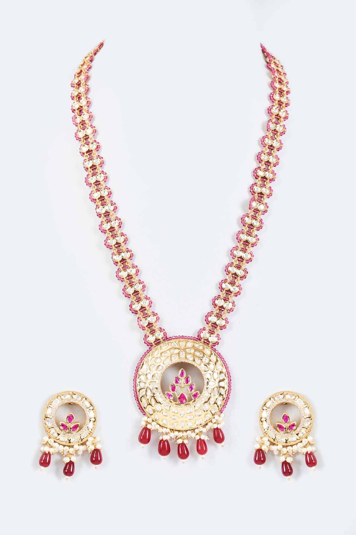 Gold Finish Kundan Polki & Ruby Beaded Long Necklace Set