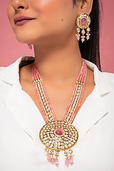 Gold Finish Kundan Polki & Pink Stone Long Necklace Set