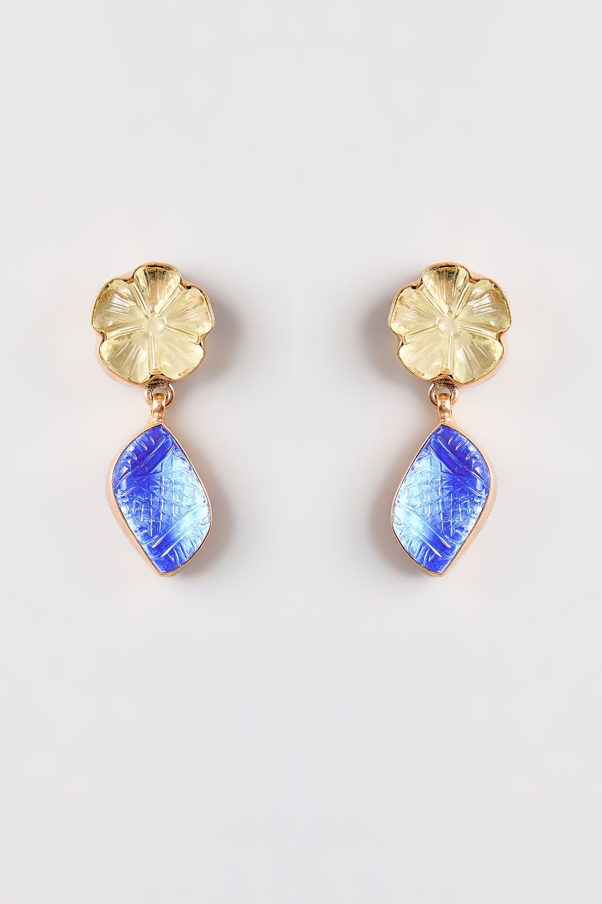 Gold Finish Yellow & Blue Stone Dangler Earrings