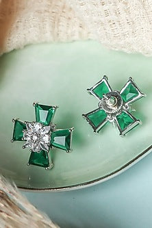 White Finish Emerald Stud Earrings