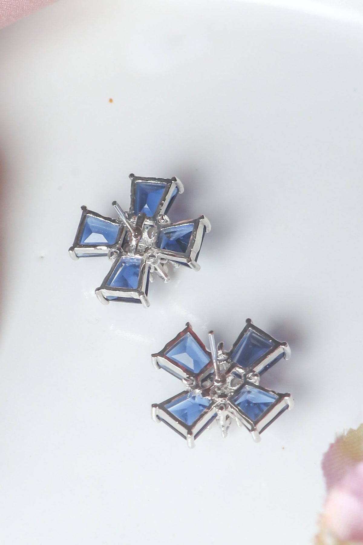 White Finish Royal Blue Stone Stud Earrings