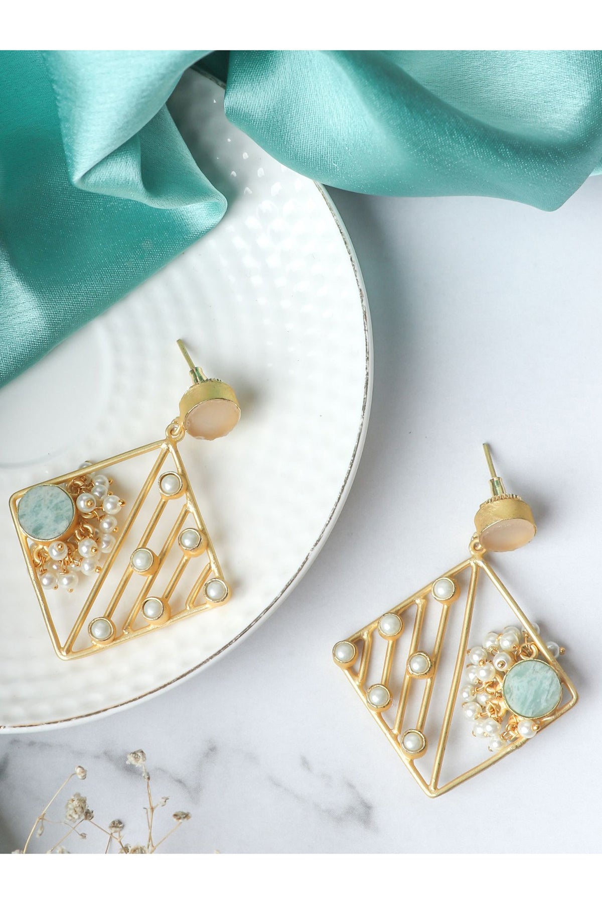 Matte Gold Finish Pastel Multi-Colored Stones Handcrafted Dangler Earrings