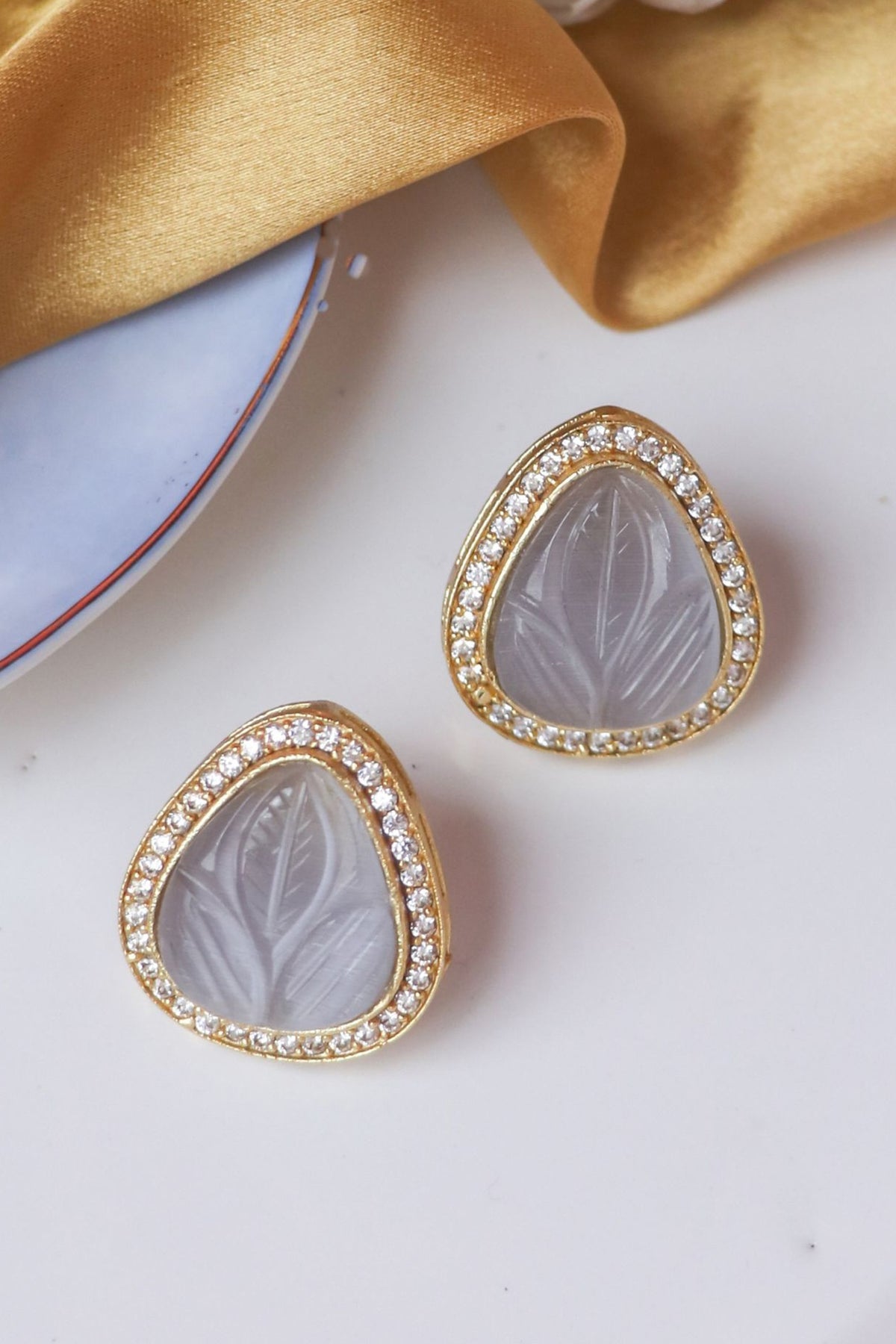 Gold Finish Grey Synthetic & CZ Sonted Stud Earrings