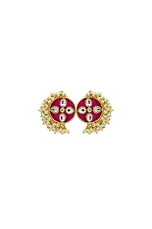 Gold Finish Kundan Polki & Pearl Rani Pink Handcrafted Meenakari Ring
