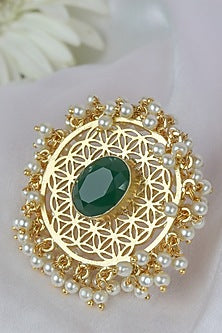 Gold Finish Green Synthetic Stone Jali Ring