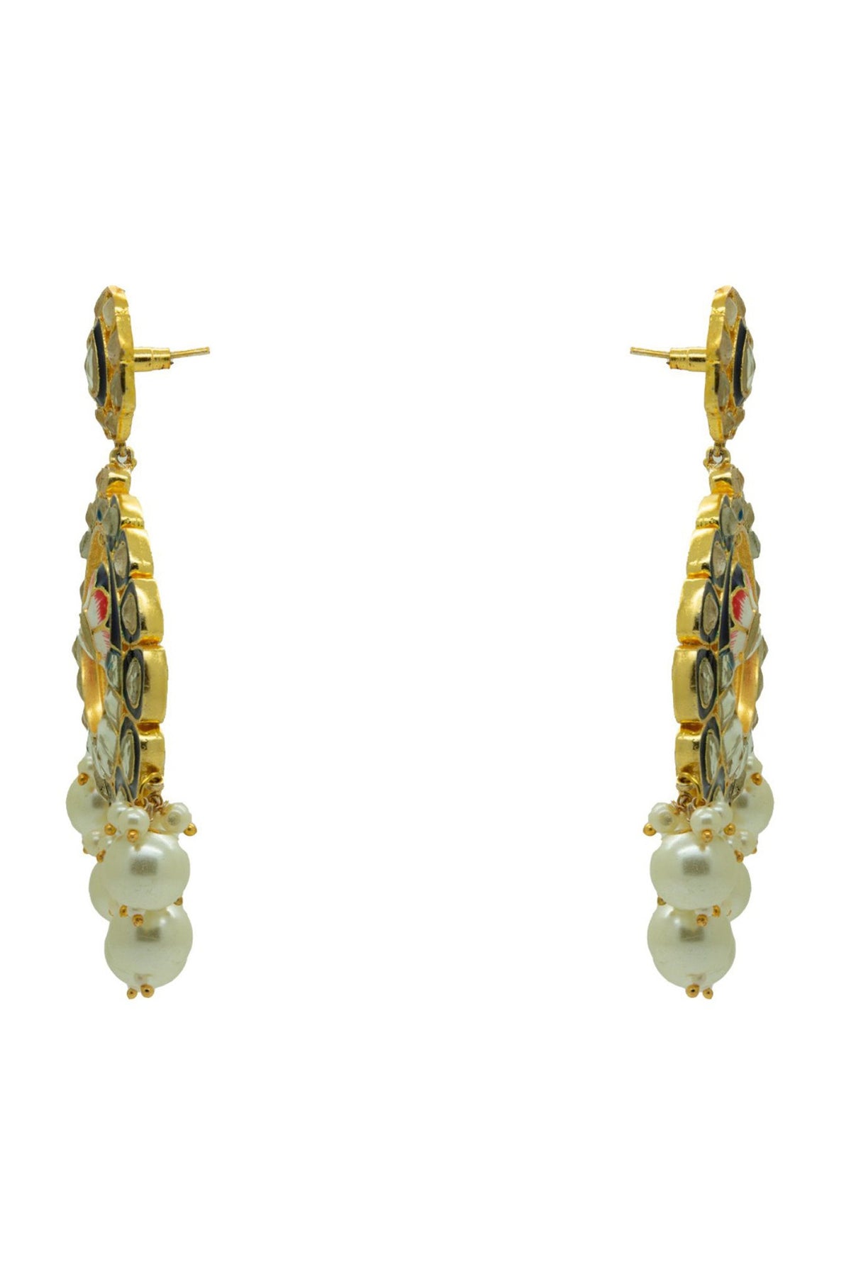Gold Finish Royal Blue Kundan & Pearl Chandbali Earrings