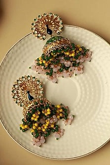 Gold Finish Peacock Green Floral Hand Painted Beaded Jhumka Earrings