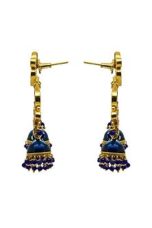 Gold Finish Royal Blue & Pink Synthetic Stone Jhumka Earrings