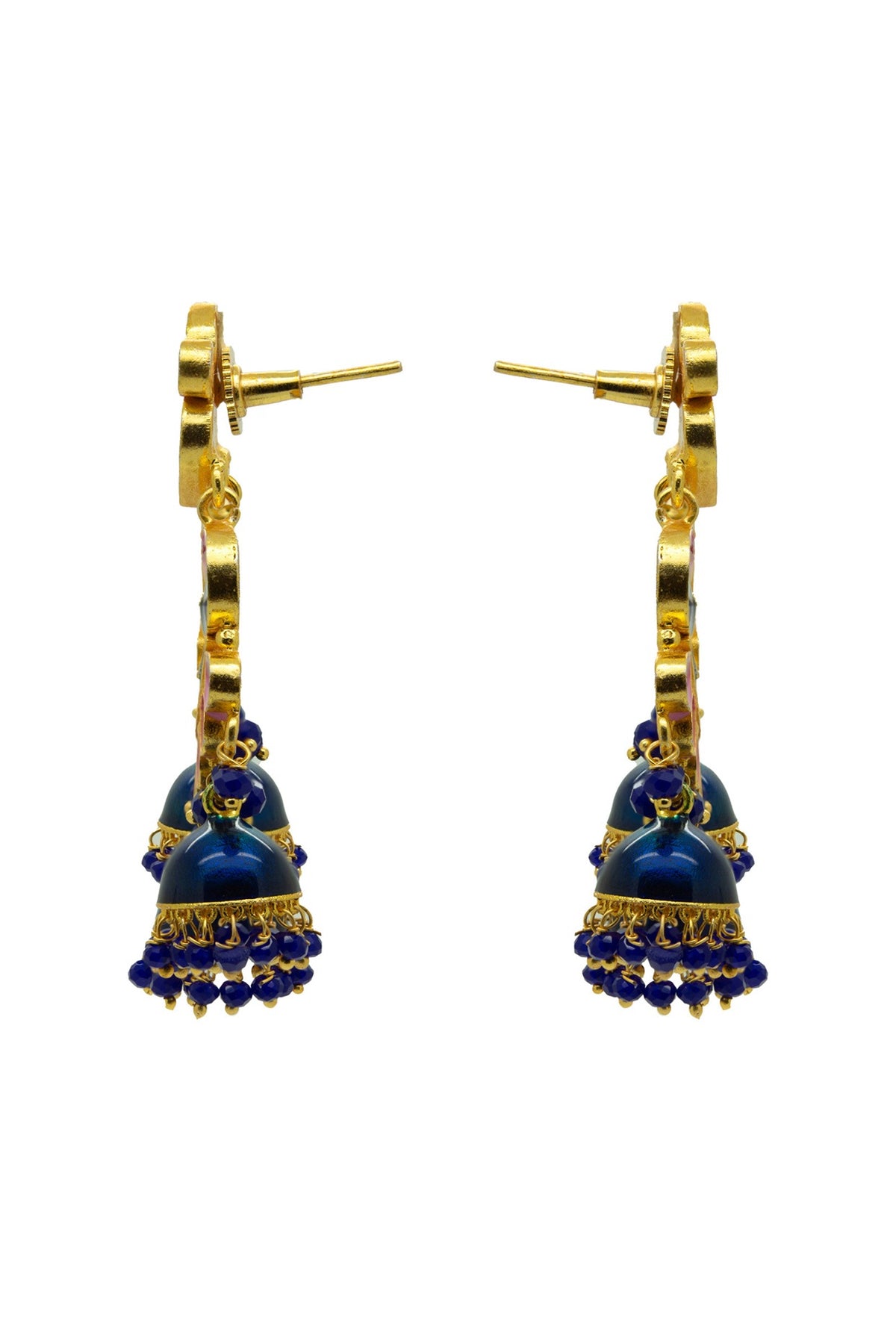Gold Finish Royal Blue & Pink Synthetic Stone Jhumka Earrings