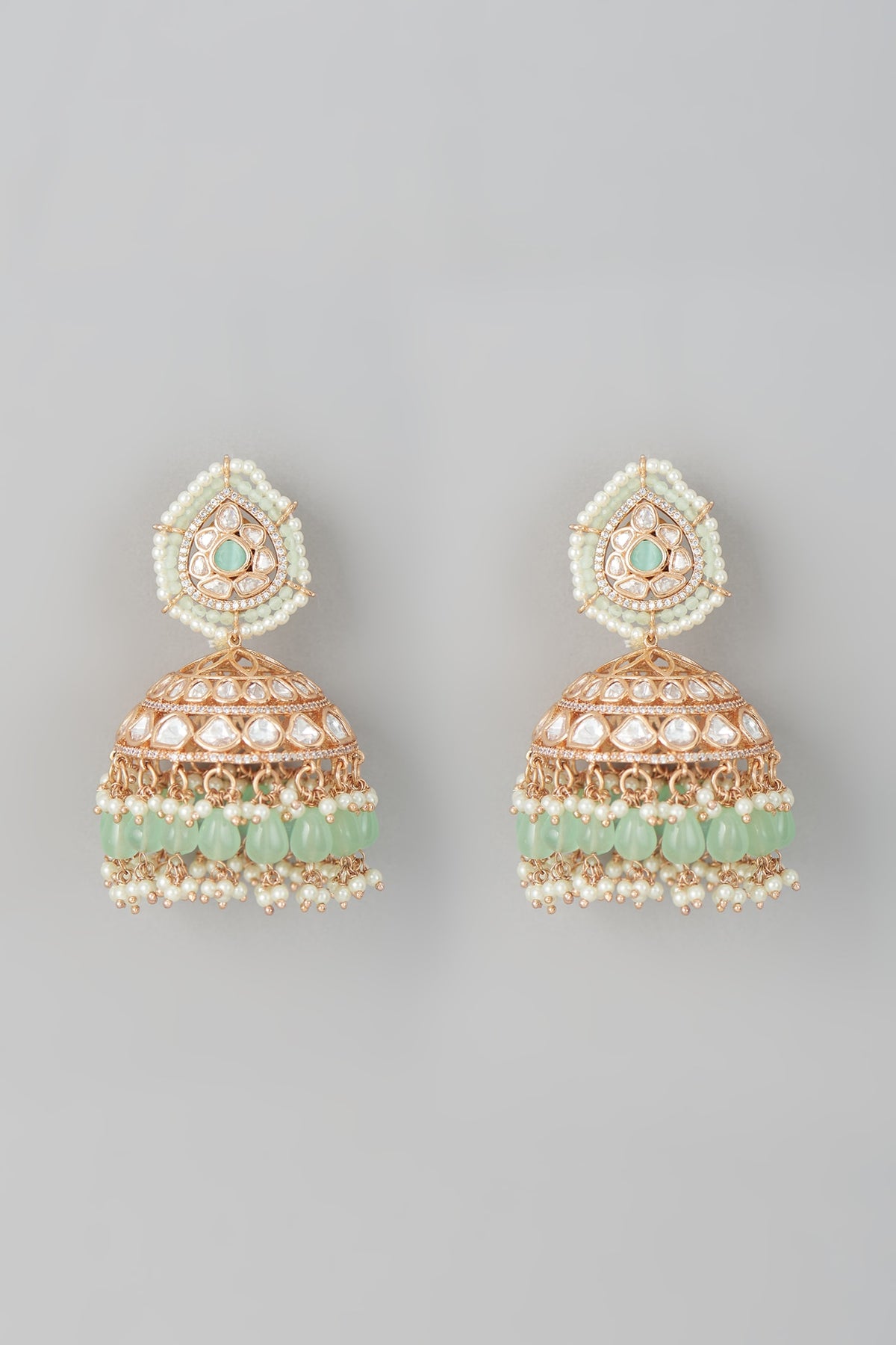 Gold Finish Kundan Polki & Mint Beaded Jhumka Earrings